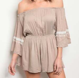 Entourage Taupe Off The Shoulder Boho Romper with Lace Tassel Sleeves